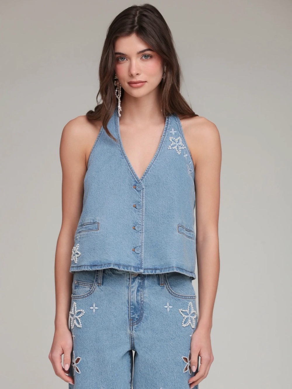 NWT Avec Les Filles Pearl Fleur Embellished Stretch Denim Vest Halter v-Neck Top